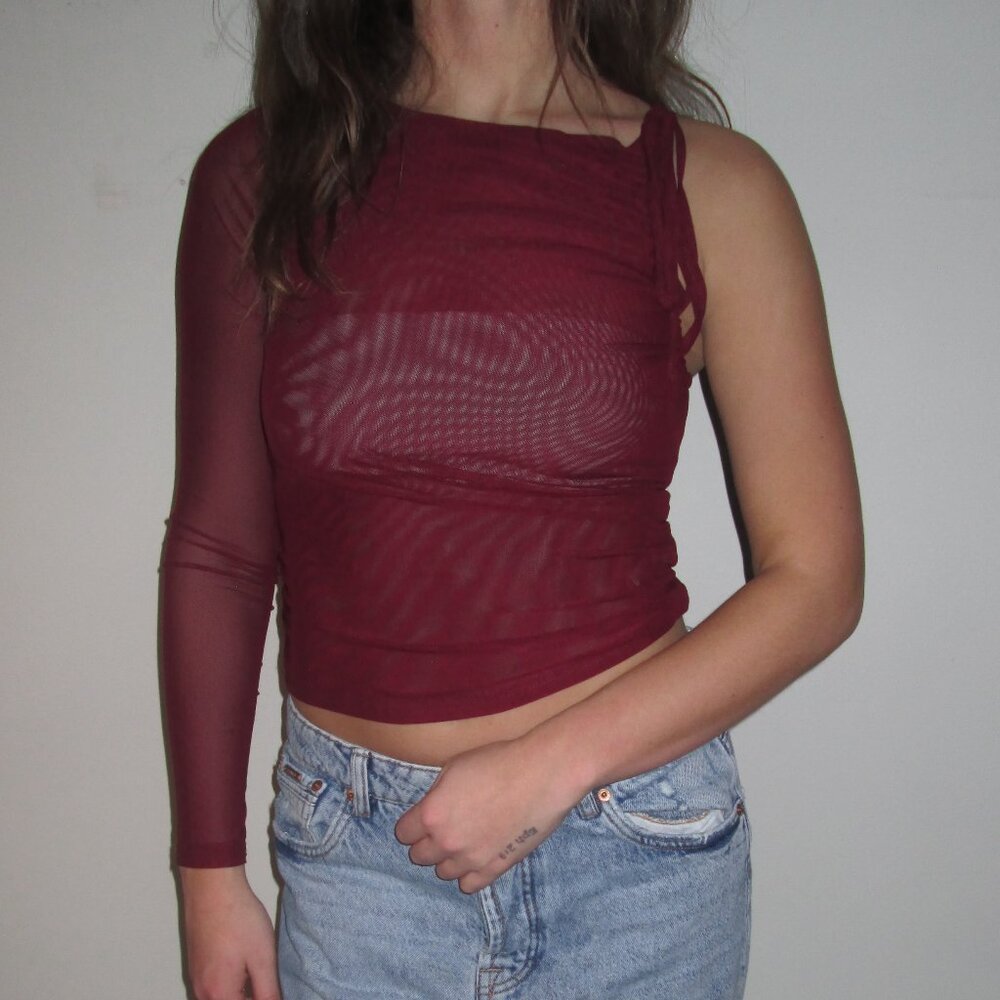 Edikted One Sleeve Bergundy Mesh Top